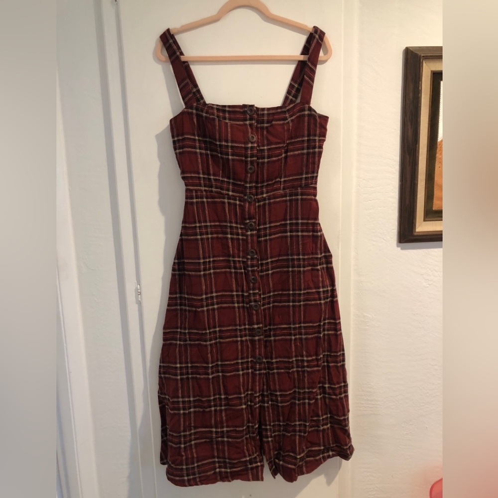 Lulu’s- Women’s Burgundy Plaid Button-Front Sundress